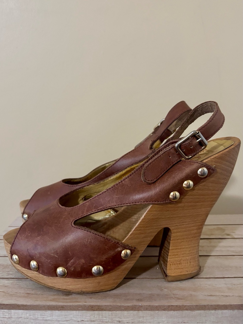 Michael Kors| KORS Vintage Y2K Brown Leather Platform Wooden Clog Heels Sz 7